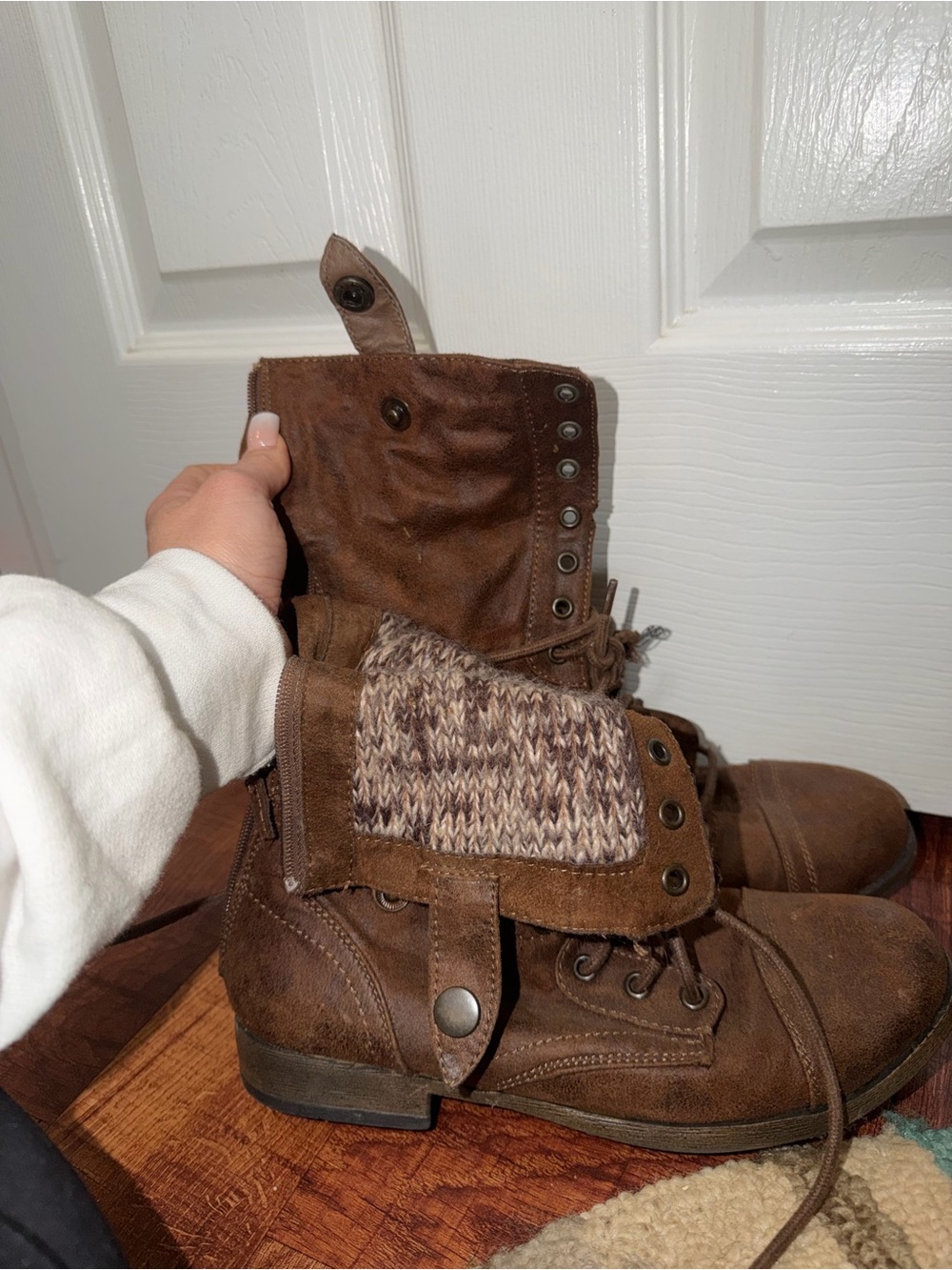 Brown Suede Fold-Over Combat Boots with Knit Accent